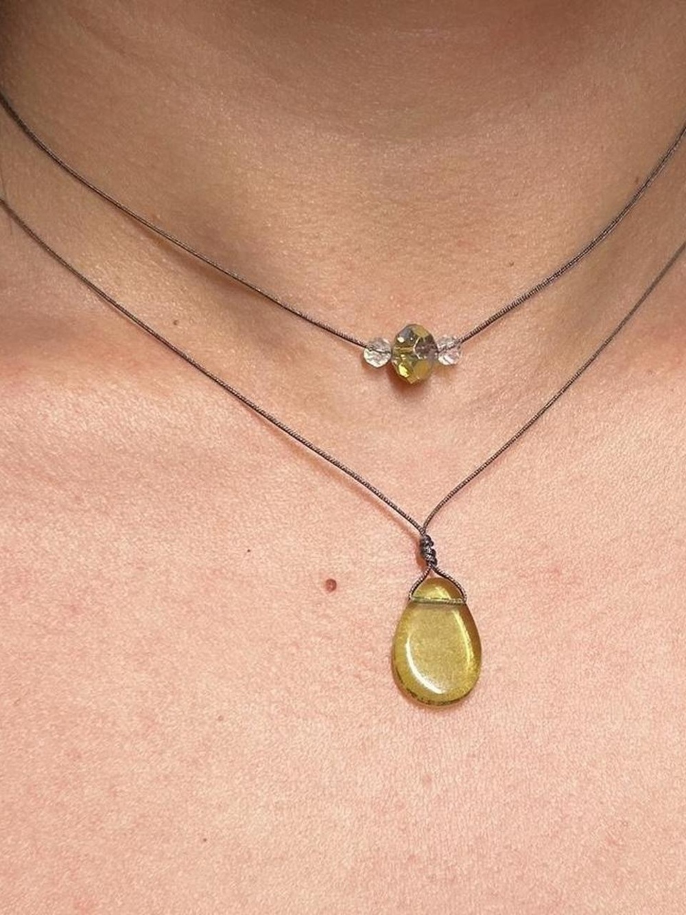 Handmade Olive Green Crystal Layering Necklace Set Boho Cottagecore